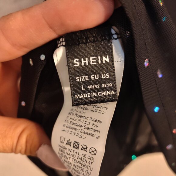 Shein Black One Shoulder Sheer Sequin Diamonds Over-lay Dress Bodysuit Size L - Picture 10 of 11